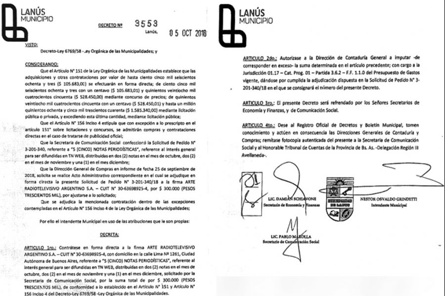 El intendente de Cambiemos, Néstor Grindetti, pagó 300 mil pesos a Artear por cinco notas periodísticas