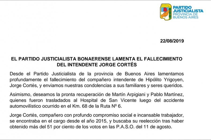 El Partido Justicialista Bonaerense lamenta el fallecimiento del intendente Jorge Cortés