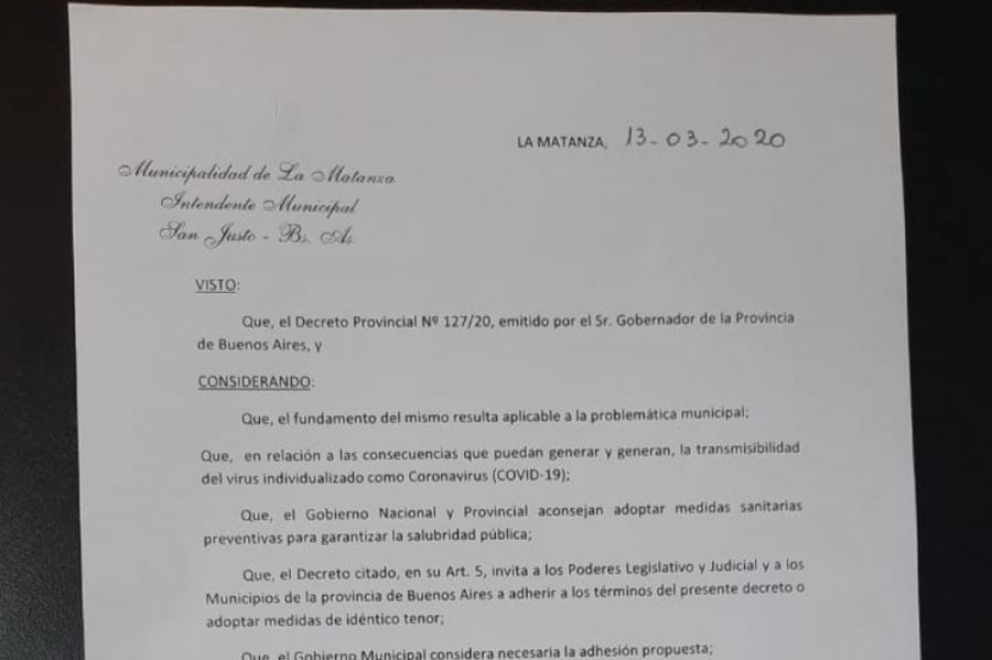 Coronavirus: Espinoza decretó la emergencia sanitaria en La Matanza y creó un consejo especial interinstitucional